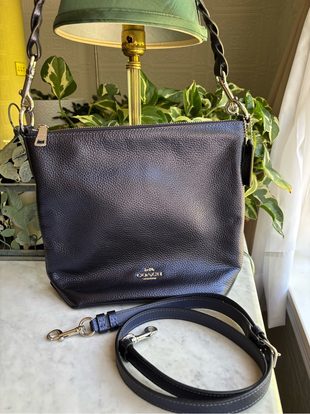 Coach Metallic Dark Blue Pebbled Leather Abby Duffle Bag with TwoRemovable Strap